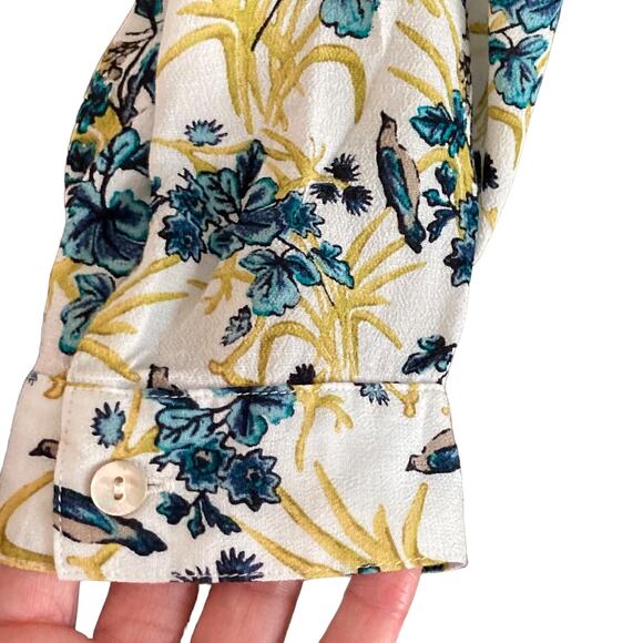 J. Jill Cream Teal Leaf & Vine Print Button Front Blouse Sz 3X Plus Size V-neck - Picture 5 of 10